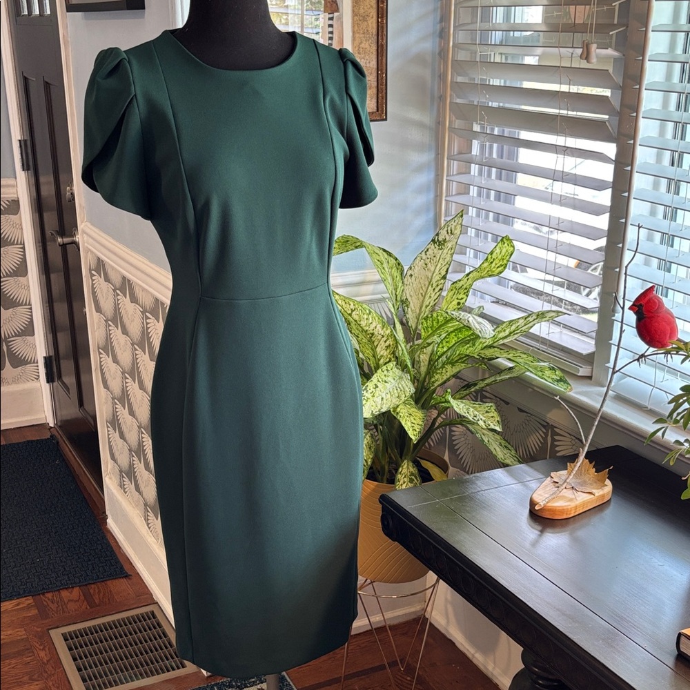 Calvin Klein Dark Emerald Green Midi Work Dress Sheath cap sleeve tulip sleeve